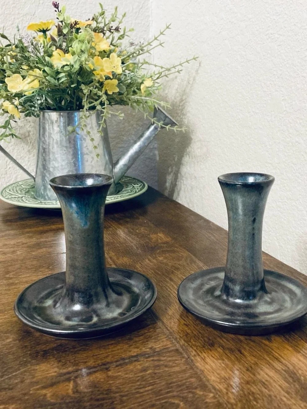 Pair of Gorgeous Blue Studio Pottery Ceramic Candlestick Holders  Table Decor